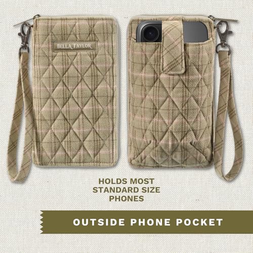 Bella Taylor Cell Phone Wristlet, Quilted Phone Wallet for Women | Lightweight, RFID blocking, phone pocket, built-in wallet, card organizer, coin pocket, secure zipper, quality construction - color: Willow Plaid