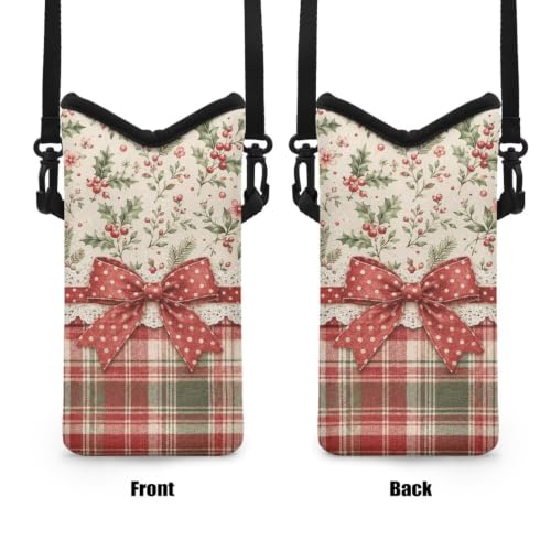 Christmas Crossbody Cell Phone Purse Winter Holiday Small Satchel Pouch for Women Men, for Cellphone, Keys, Lipstick, Cashes, Passport, Bow Christmas Plaid Holly - color: Bow Christmas Plaid Holly