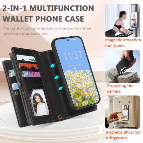 for Samsumg Galaxy S25 Wallet Case, Detachable Magnetic Shockproof Phone Case,Faux Leather Crossbody Wallet,with RFID Blocking,Zipper Card Holder,Shoulder Strap (Black) - color: Black, size: Samsumg Galaxy S25
