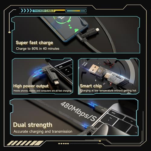4-in-1 Charging Cable Fast Charging 65W (3Pack 3.3FT), USB C Lightning Charger Cord for iPhone 17/16/15/14/13 Series/Pad/Android/Tablets and Supports CarPlay and Data Transfer