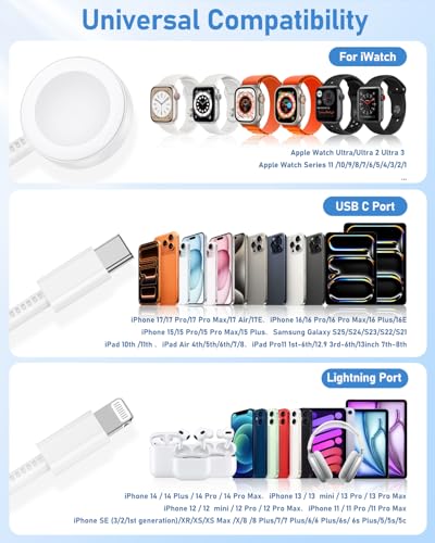 for Apple Watch Charger Fast Charging 6FT, 3 in 1 Multi Charging Cable with USB C iPhone iWatch Charger for Apple iWatch Series 11/10/9/8/7/Ultra3/Ultra 2/SE/6/5/4/iPhone 17/16/15/14/13/12/11-White - color: White
