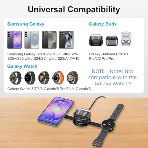 3 in 1 Wireless Charging Station Samsung, Foldable Wire Less Charging Pad for Samsung S26 S25 Ultra S24, Fast Charging Station Galaxy Watch8/7 Galaxy Buds4, Travel Charger for Samsung Multi Devices - color: Wireless Charger Black