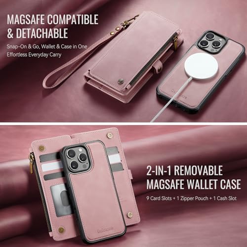 Defencase for iPhone 16 Pro Max Case Wallet Compatible with Magsafe, Pink | Drop-Proof Magnetic Detachable Phone Cases Cover, with RFID Bolcking Card Holder, Zipper Strap, PU Leather, Removable Wallet - color: (Detachable with Magsafe)-Pink