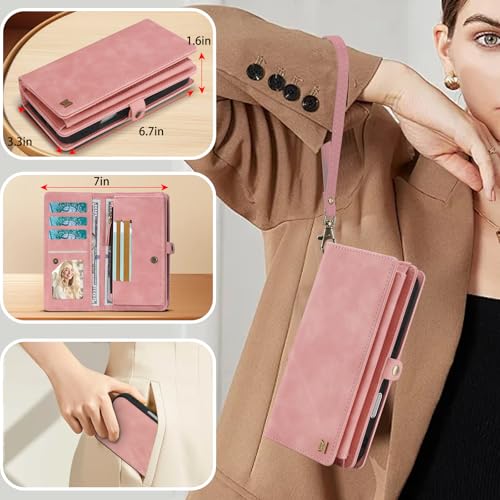 for Wallet Case Compatible with iPhone 17 Pro Max,Multi-Function Detachable 2 in 1 Magnetic iPhone 17 Pro Max Case Wallet,Flip Strap Zipper Card Holder Phone Case with Shoulder Straps (Pink) - color: Pink, size: iPhone 17 Pro Max