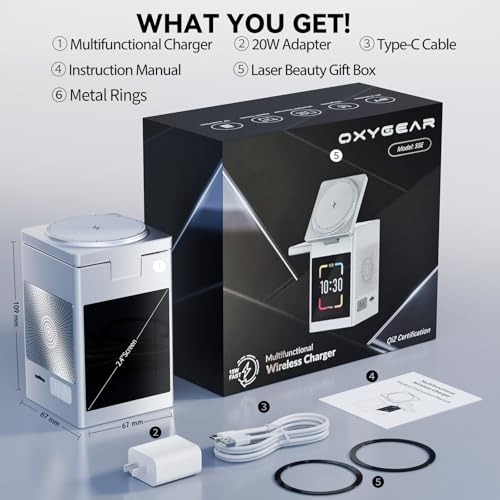 7-in-1 Magnetic Wireless Charging Station with Bluetooth Speaker & 2.4" Touchscreen, 15W Fast Charging Dock for iPhone 18-12 Series, iWatch & AirPods, Alarm Clock, White Noise for Desk, 20W Adapter - color: Silver-S5