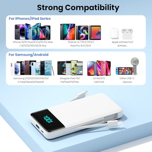 Portable Charger for iPhone with Built-in Cables and Wall Plug,Upgraded 13800mAh Fast Charging USB C Power Bank,4 Outputs Slim Travel Essential Battery Pack for iPhone 17/16/15/14/13,Galaxy,-White - color: White