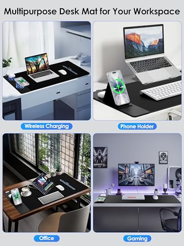 Wireless Charging Mouse Pad with Foldable Phone Holder, 15W Magnetic Fast Charging for iPhone Samsung, 31.5"x15.75" Large Desk Mat for Laptop/Keyboard, Waterproof Gaming Mousepad with Non-Slip Base - color: 31.5x15.75"phone Stand Magnetic No Rgb-black