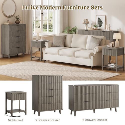 Night Stand Set 1, Fluted Wood Bedside Table w/Socket Station for Bedroom - color: Dark Grey, size: 1 Drawer-Set of 1 Nightstand