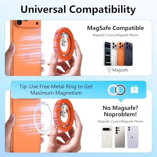 Magnetic Phone Ring Holder for MagSafe,360° Rotation Cell Phone Grip Stand - color: Orange