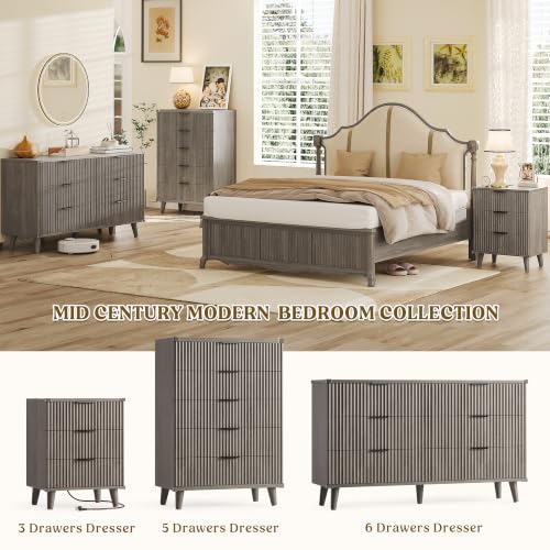 Lulive Wood Bedside Table w/Charging Station, 3 Drawers Fluted Dresser - color: Dark Grey, size: 3 Drawers-Set of 1 Nightstand