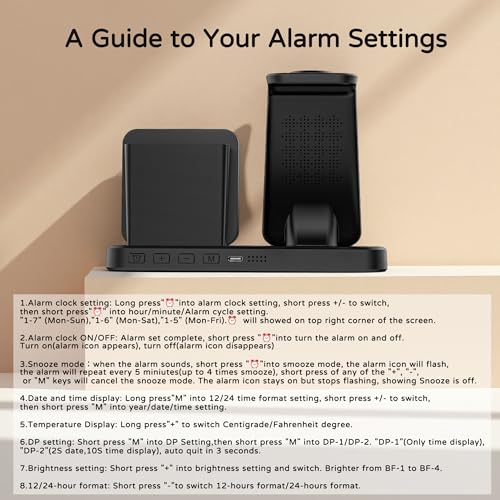 5 in 1 Wireless Charging Station with Alarm Clock Pen Holder, Fast Wireless Charger for iPhone 17/16/15/14/13/12/Pro/Max/Air, for iWatch & AirPods, Charger Stand with Temperature, Snooze Model Black - color: BLACK