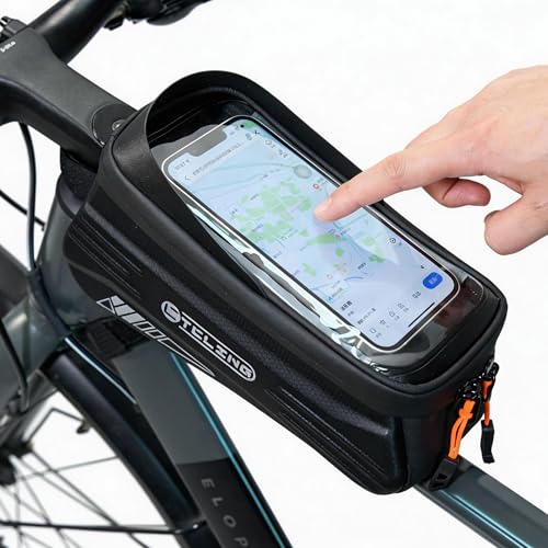 Bike Phone Bag with TPU Sensitive Touch, Waterproof Top Tube Bicycle Front Frame Bag, 1.9L Large Capacity EVA Hard Shell Mount Bike Phone Holder Bag Under 7", Handlebar Bag Bike Accessories