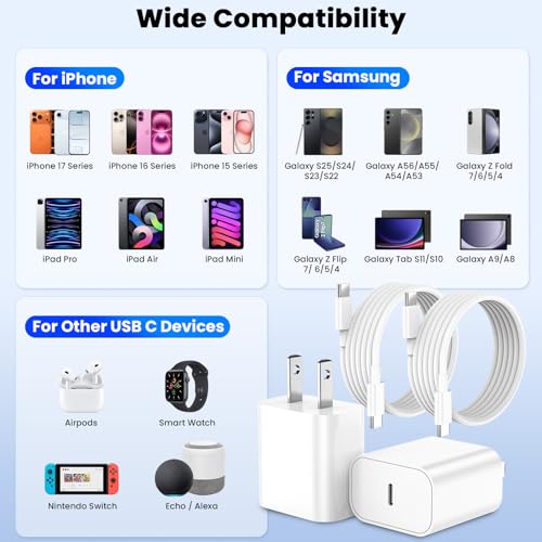 iPhone 17 Pro Max Charger Fast Charging, 40W USB C Super Fast Charger - color: White, Single USB-C port, size: 6ft