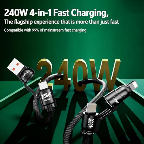 4-in-1 Charging Lanyard,1.5m/4.9ft Adjustable Crossbody Strap with 240W Fast Charging Data Sync for iPhone,Android - color: Gold