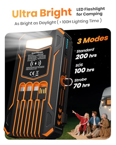 SOARAISE Solar Power Bank 48000mAh Wireless Portable Charger with 4 Cables - color: Orange