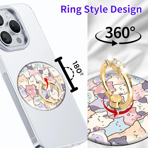 Magnetic Phone Ring Holder Compatible with MagSafe, Cute Phone Grip Stand with 360° Rotation Gold Glitter Finger Ring Kickstand Accessories for Most Phones Cute Colorful Cats