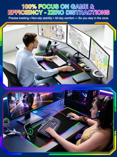 RGB Mouse Pad with Foldable Phone Stand & Wireless Charger, 31.5"x11.8" XL Gaming Mousepad Large Desk Mat, Desk Pad with Dual Charging for Phone & AirPods | 11 Colors & 5 Modes | Waterproof - color: Black Touch Control Stand XL