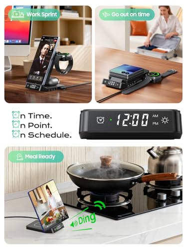 Alarm Clock Wireless Charging Station for Samsung Devices, 3 in 1 Foldable Wireless Charger for Galaxy S26 Ultra S25/Z Fold 7/6/Z Flip, Galaxy Watch Charger Stand for Galaxy Ultra/8/7, Buds