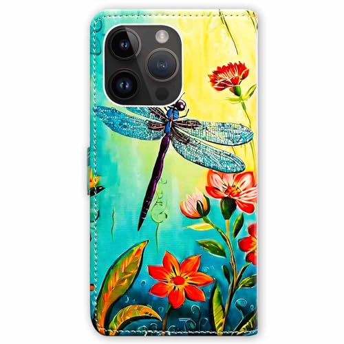 RFID Safe Case for iPhone 15 Pro Max,RFID Blocking,Red Flower Blue Dragonfly Leather Flip Phone Case Wallet Cover with Card Slot Holder Kickstand for iPhone 15 Pro Max - color: Red Flower Blue Dragonfly