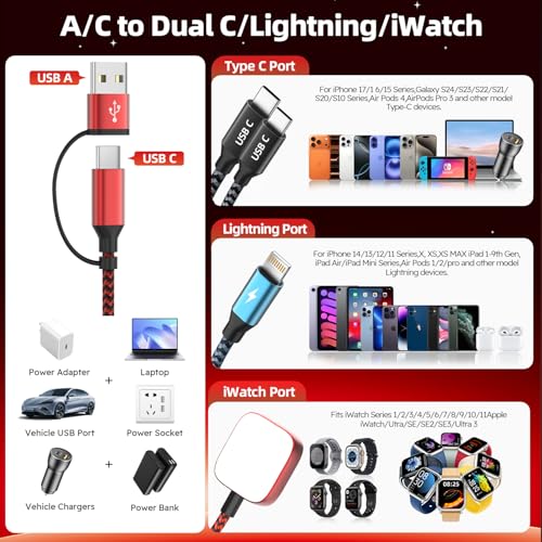 Cruise Essentials 2026, 4 in 2 Multi Charging Cable for Apple Watch Charger - color: Red&Black, size: AC to 2C+L+iWatch