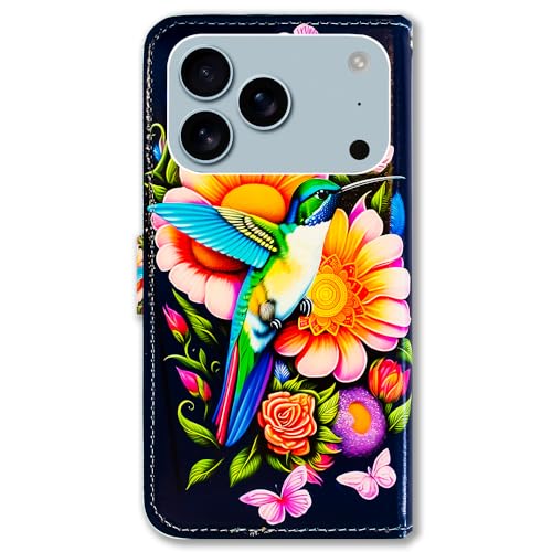 Bcov Case for iPhone 17 Pro,Hummingbird Butterfly Flowers Leather Flip Phone Case Wallet Cover with Card Slot Holder Kickstand Case for iPhone 17 Pro - color: Hummingbird Butterfly Flowers