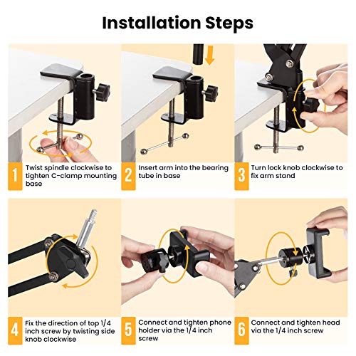TARION Overhead Phone Stand Articulating Boom Stand Lazy Arm Black