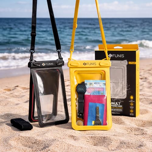 AQUAVAULT Floating Waterproof Phone Pouch, IPX8 Underwater, Large, 2 Pack | Underwater Phone Pouch with Dual Compartment for Phone & Valuables, Armband + Lanyard, Fits iPhone 17/16/15 Pro Max, S26/S25 - color: Black and Yellow