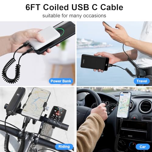 USB to USB C Coiled Cable Fast Charging,Retractable USB C Car Charger Cable - color: Black, style: 6FT