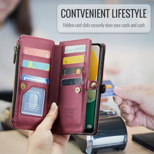 Asuwish Phone Case for Samsung Galaxy A13 4G/5G Zipper Wallet Cover with Tempered Glass Screen Protector and Flip RFID Blocking Cash Card Holder Cell A04s M13 G5 A 13 LTE 13A 2022 Women Girls Wine Red - color: Wine Red