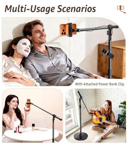 Phone Floor Stand, Overhead Phone Mount with Extendable Horizontal Arm & Remote, 360° Rotatable Extension Arm, Adjustable Tripod Stand for iPhone17, Video Recording, Photography, Live Streaming