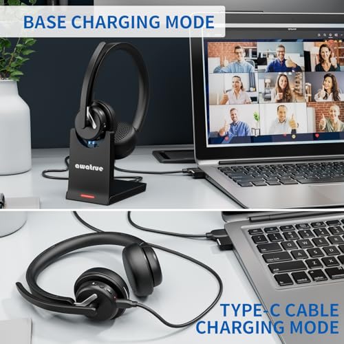 awatrue Wireless Headset with Mic for Work, Noise Canceling for Clear Calls - color: Black