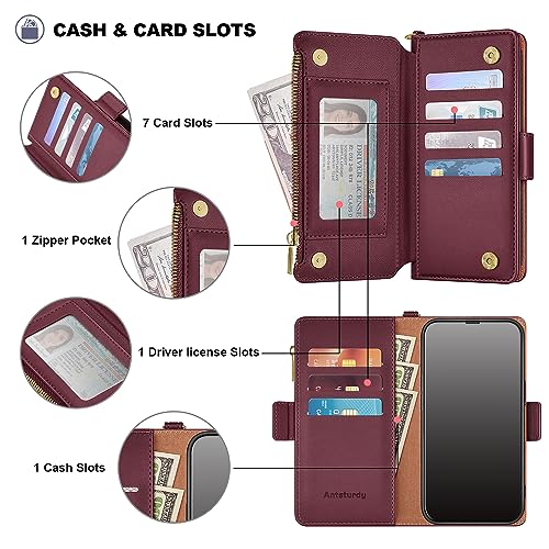Antsturdy for iPhone 14 Plus Phone Wallet Case Women,Wine Red | RFID Blocking,with Credit Card Holder Slots,PU Leather Purse,Zipper Pocket,Wrist Strap Kickstand,Flip Folio Cover for Men - color: Wine Red