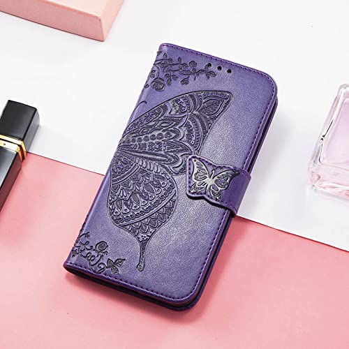 for iPhone 13 Pro Case Wallet for Women,Purple | Flip Folio Butterfly Embossed PU Leather Kickstand Credit Card Holder Slots Magnetic Wrist Strap Phone Cover - color: Purple