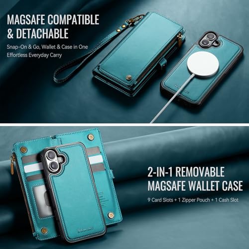 Defencase for iPhone 17 Phone Case Wallet Compatible with Magsafe, Green | Magnetic Detachable, Drop-Proof Protective Wallet Cases Cover, with RFID Bolcking Card Holder, Zipper Strap, Soft PU Leather - color: (Detachable with Magsafe)-Blue Green