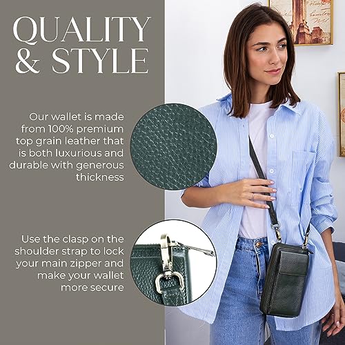 BULL GUARD Crossbody Bag for Women, Leather Phone Wallet Purse with Adjustable Anti Theft Strap & RFID Blocking 12 Card Slots - color: Lush Green Tea Goddess - Small
