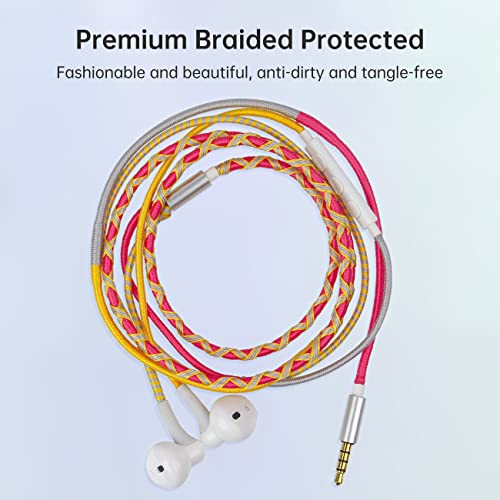 Music Earphones Wired Headphones - Colorful Nylon Braided Earbuds with Mic Tangle Free for iPhone/Android Cellphones