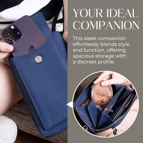 BULL GUARD Crossbody Bag for Women, Leather Phone Wallet Purse with Adjustable Anti Theft Strap & RFID Blocking 12 Card Slots - color: Xtraroom in Sapphire Blue Sunset Refresher