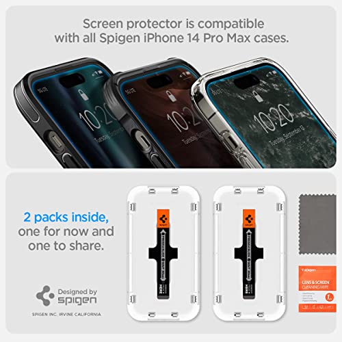 Spigen GlasTR EZ FIT Screen Protector for iPhone 14 Pro Max | 9H+ Tempered glass, Scratch resistance, Auto-align tray, Lab-tested 100% clarity, Original touch, Case-friendly, 2 Pack - size: iPhone 14 Pro Max
