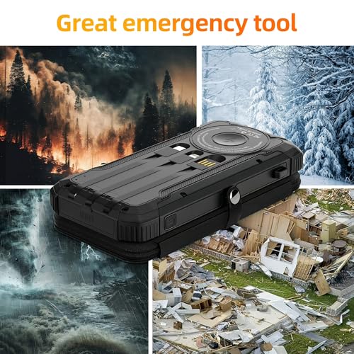 Solar Charger Power Bank Built-in 3 Cables and 4 Solar Panels, Portable Wireless Charger 10,000mAh, External Battery Pack with USB-C in/Output & Flashlight for Outdoor Camping - color: Black