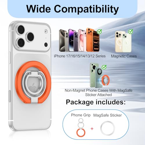 Magnetic Phone Ring Grip for MagSafe Adjustable Finger Grip Holder Stand Dual-Sided Magnet Cell Phone Kickstand Ring for iPhone 17e/17 Pro Max/16e/16/15/14/13/12/Samsung Galaxy/Google Pixel/Android - color: Orange