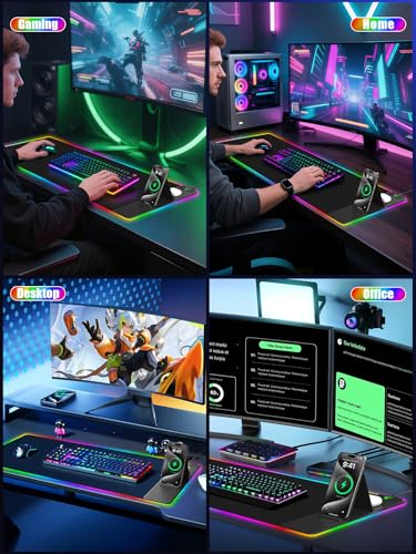Mouse Pad with Foldable Phone Holder & Wireless Charger, XXL RGB Gaming Mousepad 31.5"x15.8" Large Desk Mat for Keyboard, Black Desk Pad with Dual Qi Charging Station | 11 Colors 5 Modes | Waterproof - color: 31.5x15.75"Phone Stand-Black Right w/PD Upgrad