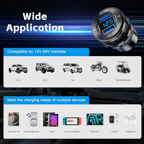 1 Pack 12V USB Outlet 4 Port Car Boat Marine Charger Voltmeter - color: 2PD+2USB(1Pack)