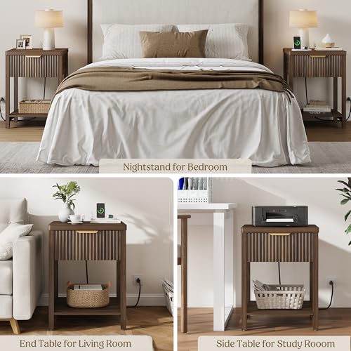 Night Stand Set 1, Fluted Wood Bedside Table w/Socket Station for Bedroom - color: Walnut, size: 1 Drawer-Set of 1 Nightstand