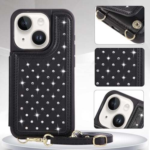 for iPhone 11 Wallet Case with Card Holder Slots and Strap, RFID Blocking Magnetic Flip Folio Cover, Crossbody Purse Protection Case with Kickstand,Black Diamond - color: Black Diamond, size: iPhone 11(6.1")