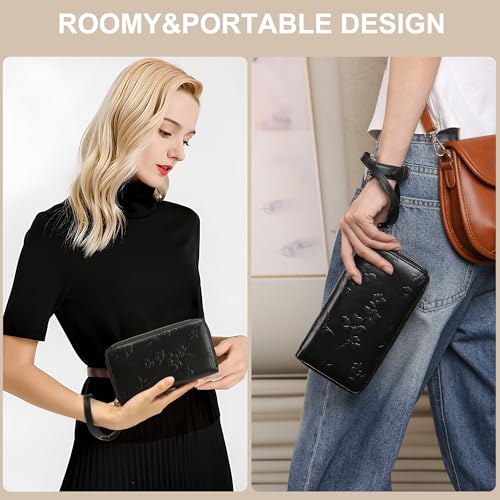 yiijay Womens Wallet RFID Blocking Large Capacity Vegan Leather Double Zip Wristlet Wallet Card Holder Travel Ladies Clutch - color: Black