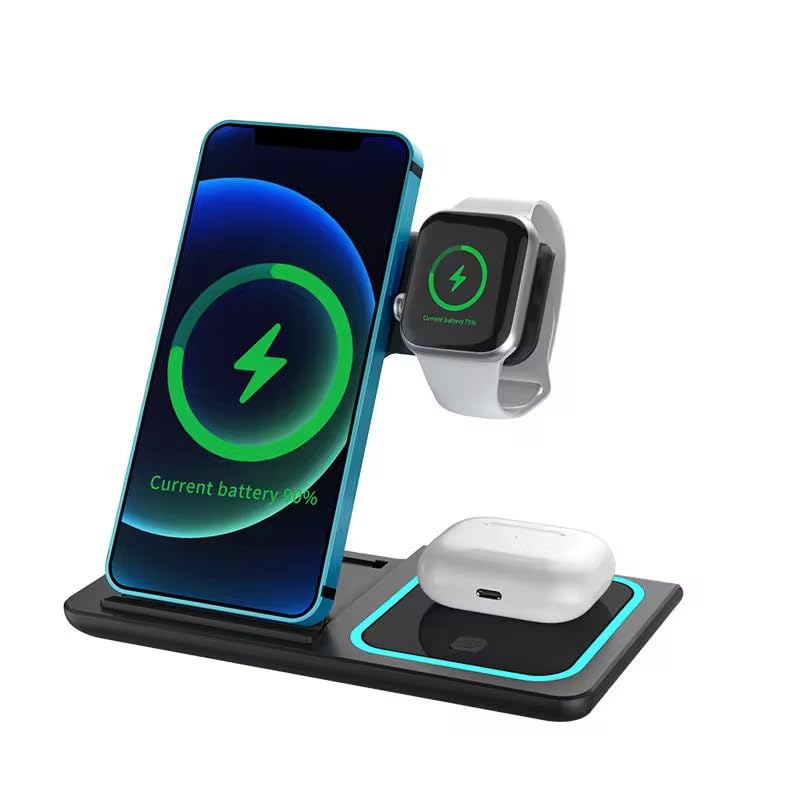4-in-1 Wireless Charging Station Compatible with iPhone, Apple Watch, AirPods, and Android, Black, with USB Port