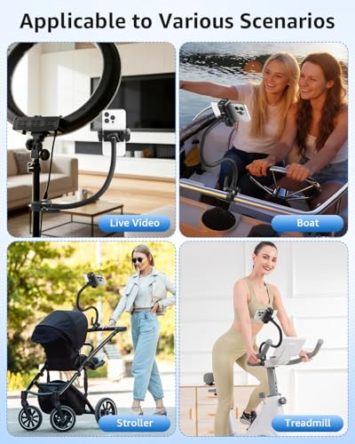 Mic Stand Phone Holder, 17.7" Flexible Gooseneck Phone Holder, 360° Adjustable Phone Mount for Music Stand/Stroller/Treadmill/Spin Bike/Exercise Bicycle, Compatible with 4-7" iPhone/Android Devices