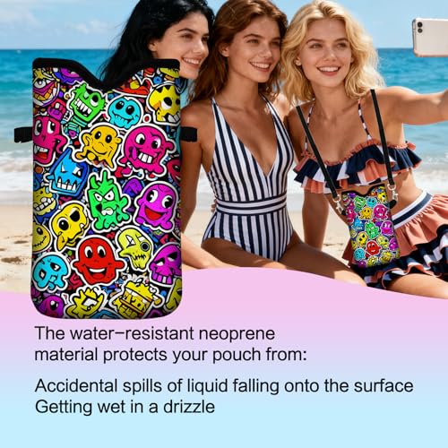 Men Women Neoprene Cell Phone Sleeve Pouch Case Bag with Crossbody Strap/Neck Lanyard 7.5 X 4.3 in (Whimsical Cartoon Monster Pattern) - color: Whimsical Cartoon Monster Pattern