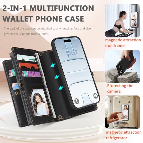for iPhone 17 Air Wallet Case, Detachable Magnetic Phone Case,Faux Leather Strap Wallet,with RFID Blocking,Zipper Card Holder,Shoulder Straps (Black) - color: Black, size: iPhone 17 Air