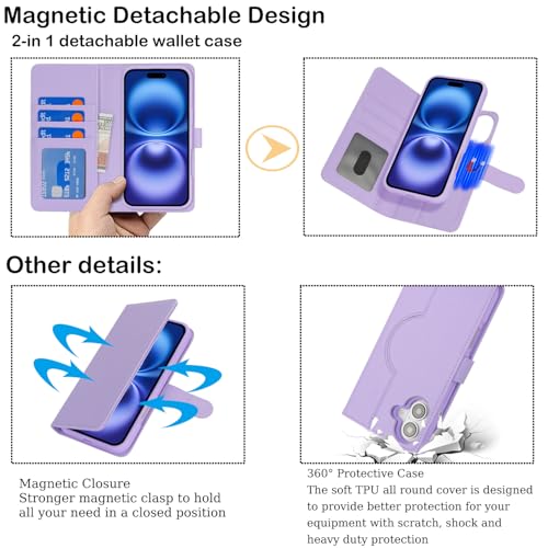 Havaya for iPhone 16 Case Detachable Wallet Case with Card Holder,2 in 1 Pu Leather Flip Folio Credit Card Slots Stand Compatible Magsafe Magnetic Shockproof Phone Cover (6.1")-Purple - color: Purple-Detachable